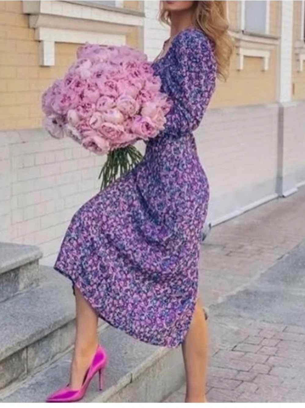 Zara Floral Ruched Midi Dress Size Medium Puff Sleeve Open Back - Picture 3 of 10